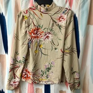H&M Cream Floral Mock Neck Long Sleeve Blouse Size XS